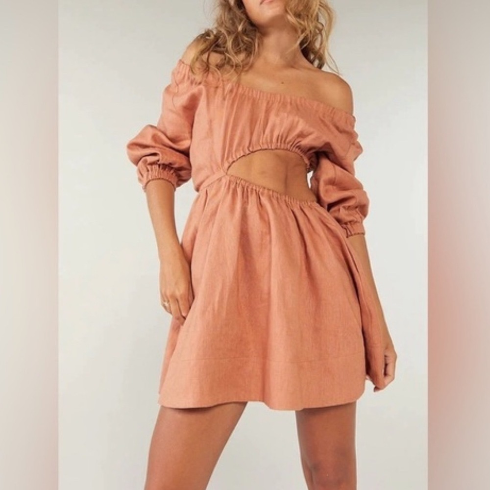NWT SOVERE Entice Mini Dress Reversible Cutout Off Shoulder Bronze S/8